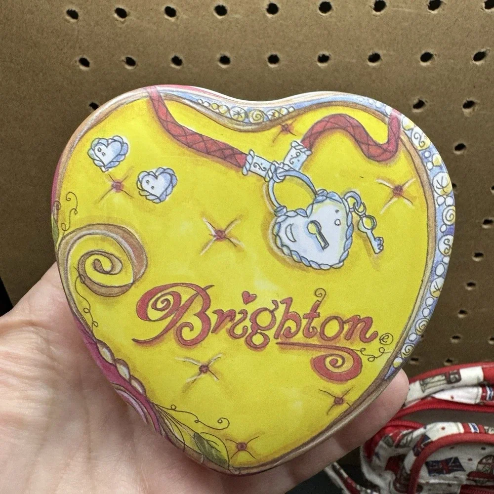 Brighton Heart Shaped Collectible Tin‎ Box Pink & Yellow Jewelry Gift